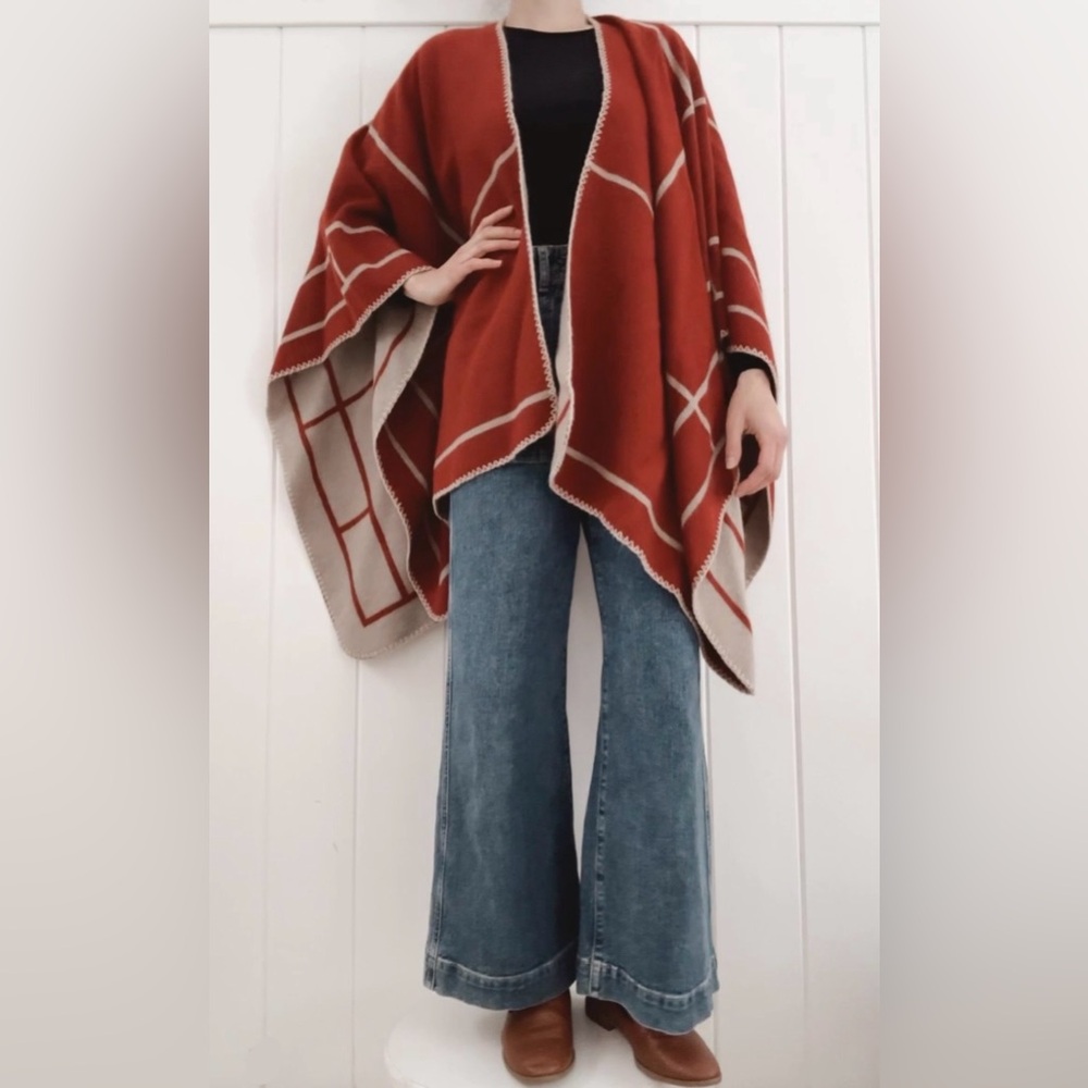 Reversible Blanket Shawl Cape Burnt Red Orange Beige Tan Linear Geometric Warm